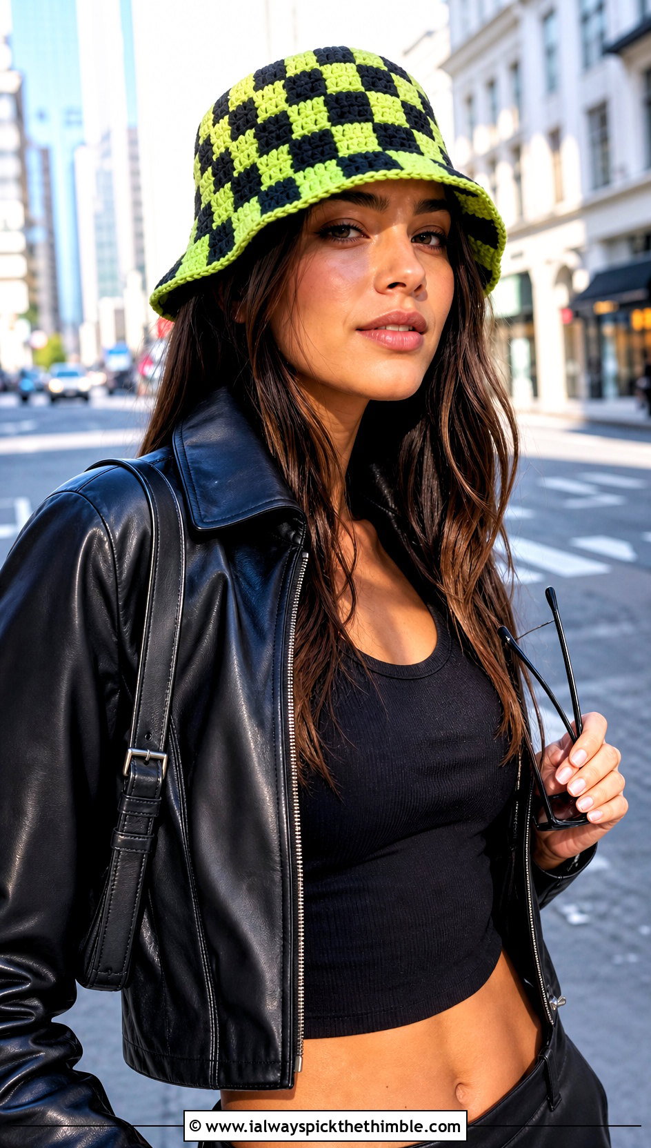 Checkerboard Crochet Bucket Hat With Leather Jacket - 20 crochet adult bucket hat outfit ideas