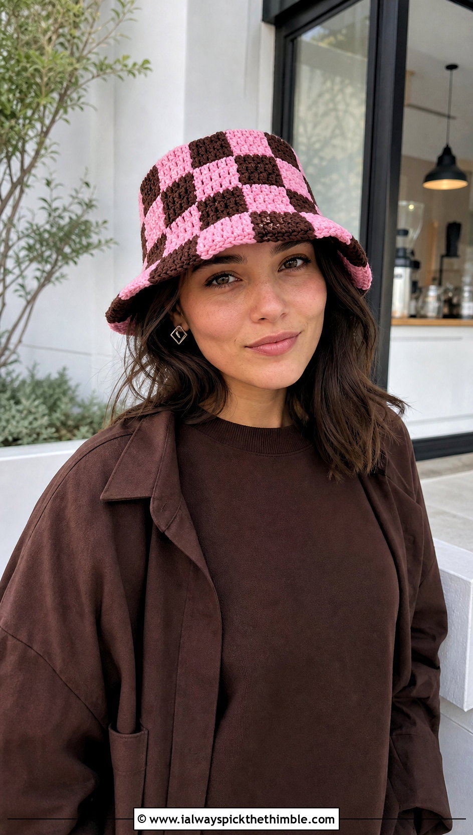 Checkerboard Crochet Bucket Hat With Monochrome Outfit - 20 Crochet Womens Hat outfit ideas