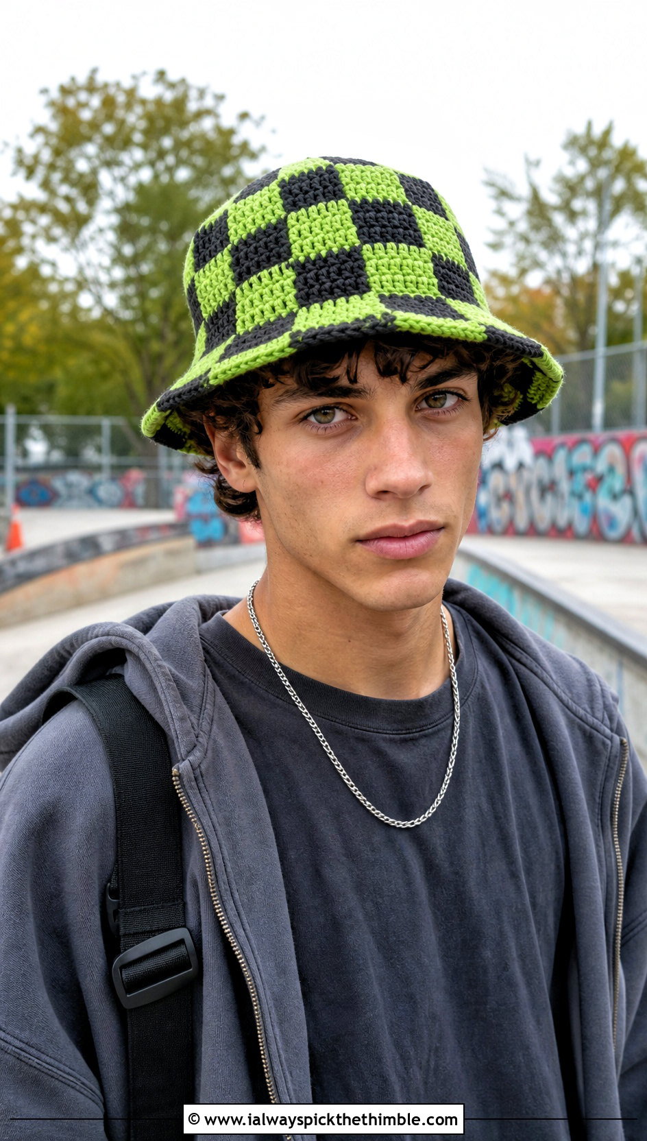 Checkerboard Crochet Bucket Hat With Skate T Shirt And Carpenter Jeans - 15 men's crochet bucket hat outfit ideas