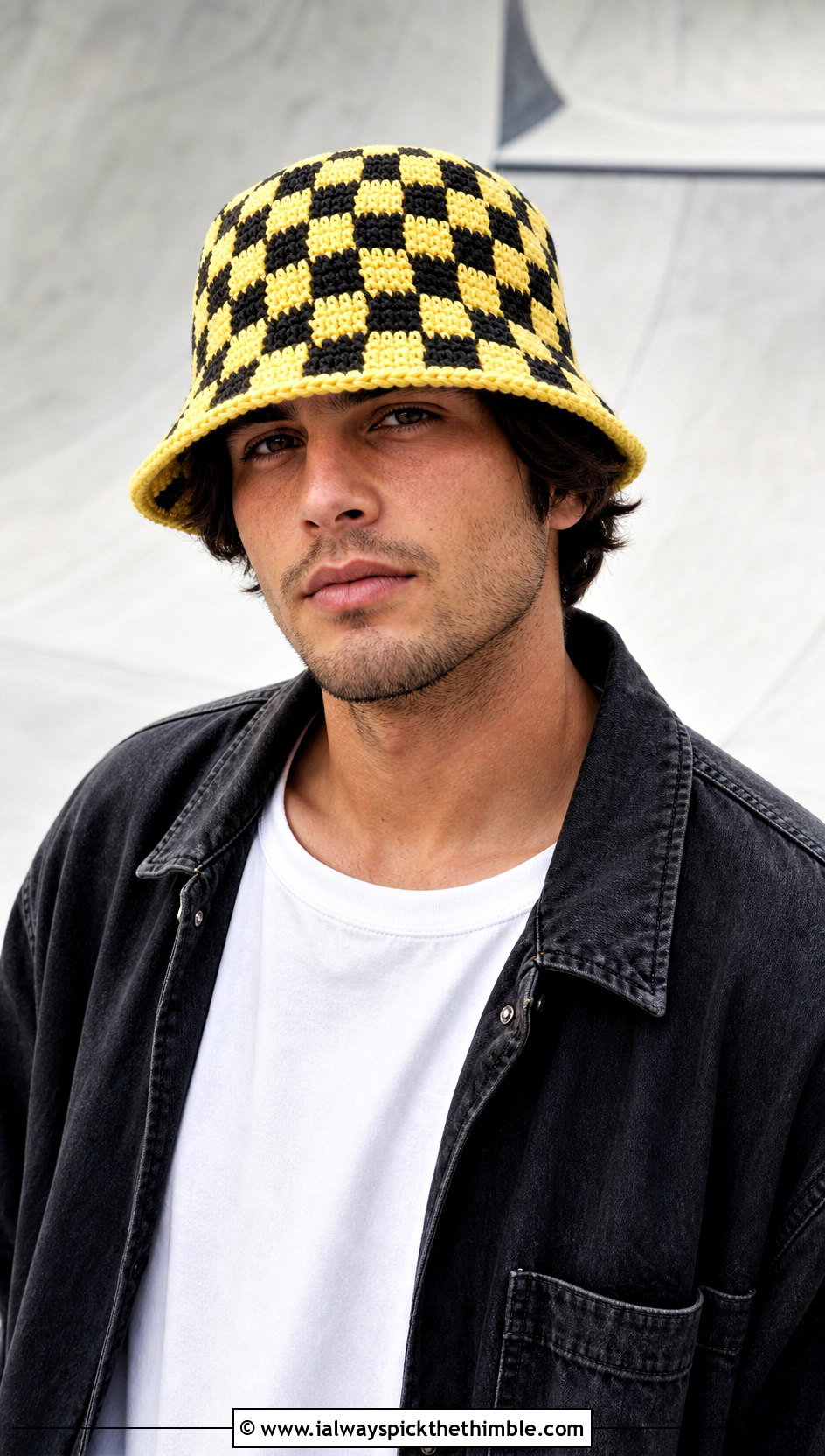 Checkerboard Crochet Bucket Hat With Skatewear - 25 mens crochet hats outfit ideas