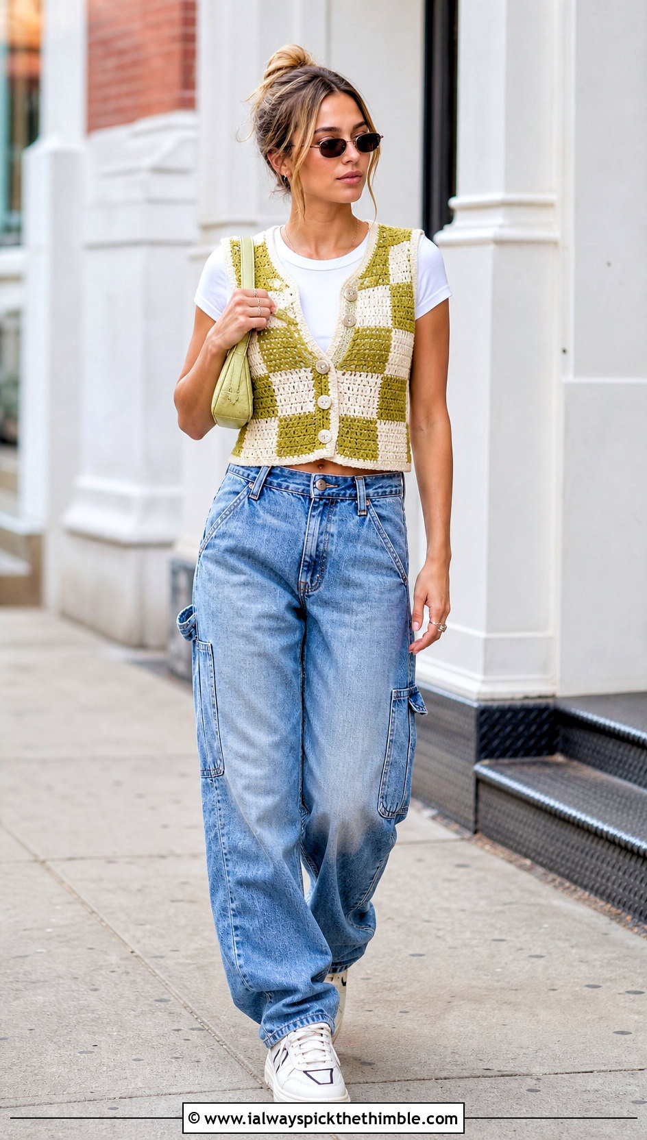 Checkerboard Crochet Button Up Vest With Carpenter Jeans - 20 Crochet Button Up Vest outfit ideas