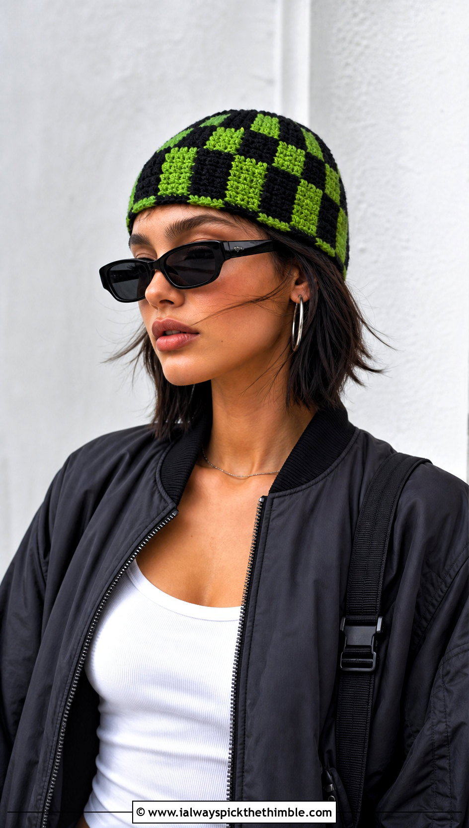 Checkerboard Crochet Cap With Bomber Jacket - 25 crochet caps outfit ideas