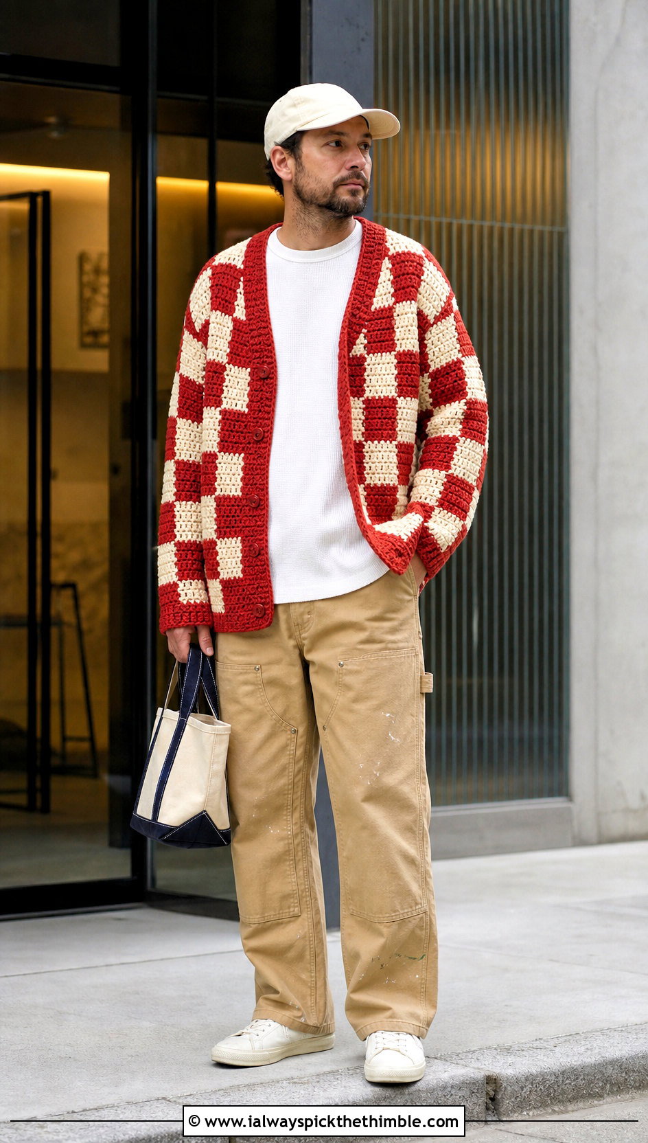 Checkerboard Crochet Cardigan With Carpenter Pants - 25 mens crochet cardigan outfit ideas