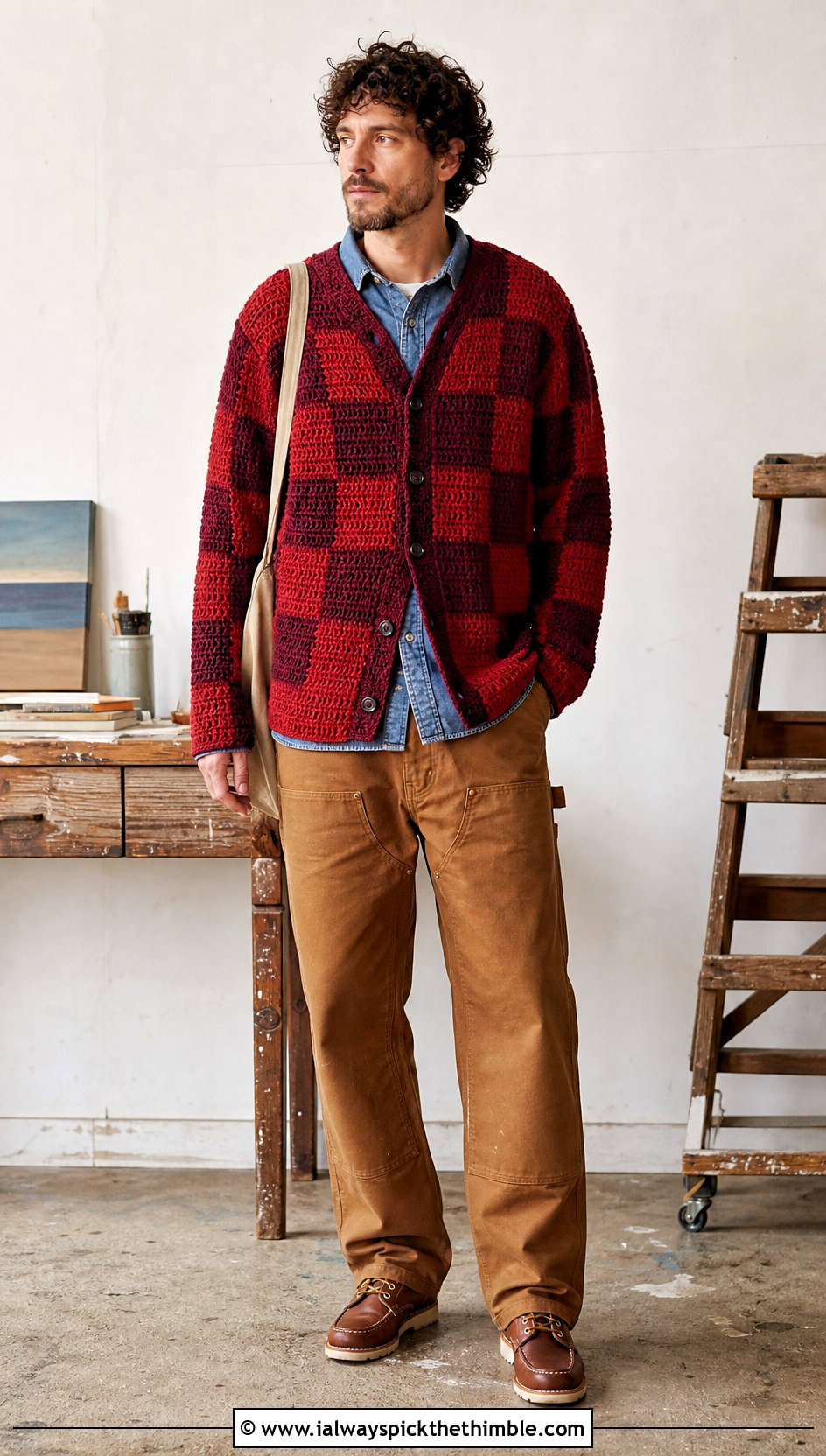 Checkerboard Crochet Cardigan With Carpenter Pants - 20 men's crochet cardigan outfit ideas