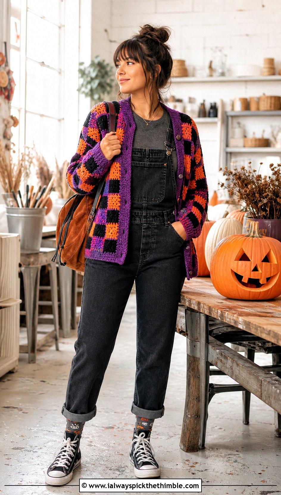 Checkerboard Crochet Cardigan With Denim Overalls - 20 halloween crochet cardigan outfit ideas