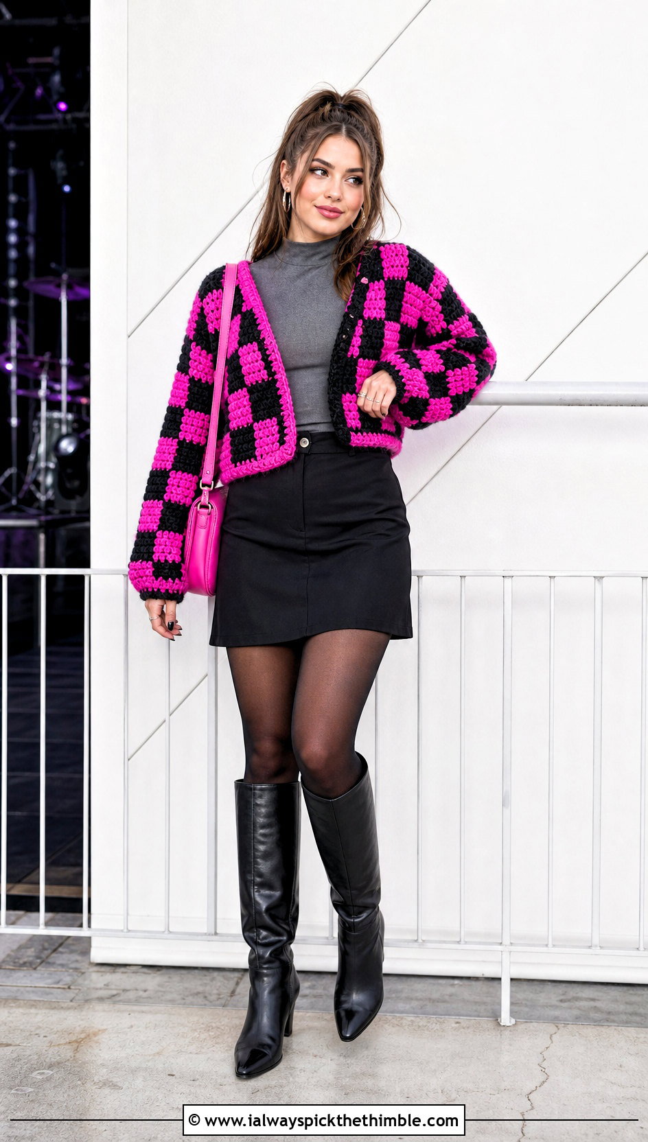 Checkerboard Crochet Cardigan With Mini Skirt - 20 Thick Yarn Crochet Cardigan outfit ideas
