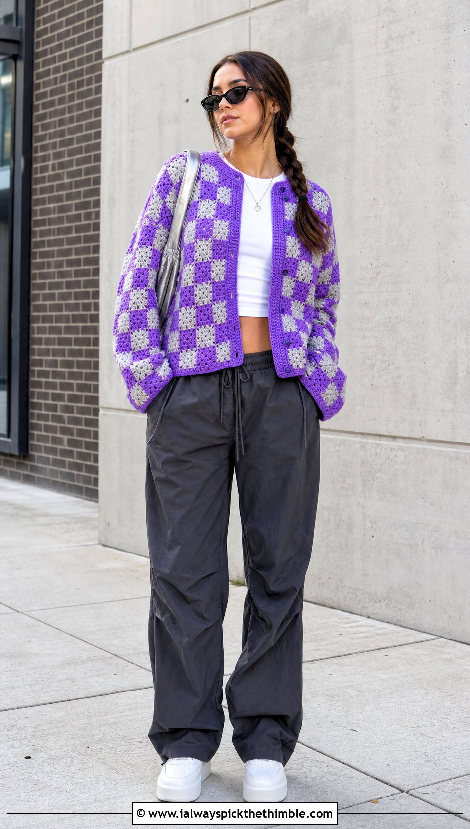 Checkerboard Crochet Cardigan With Parachute Pants - 25 simple crochet cardigan outfit ideas