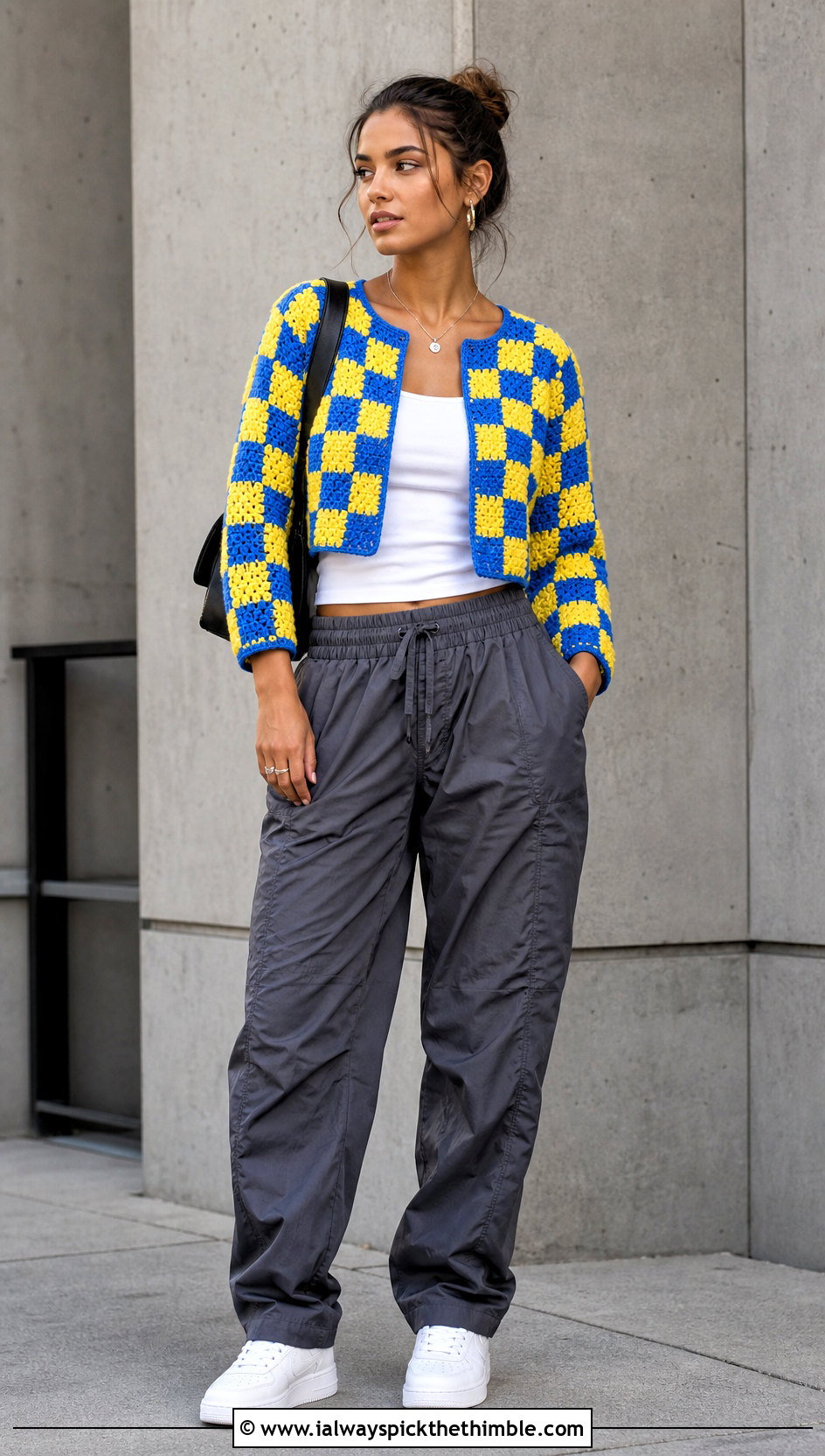 Checkerboard Crochet Cardigan With Parachute Pants - 20 Crochet Colourful Cardigan outfit ideas
