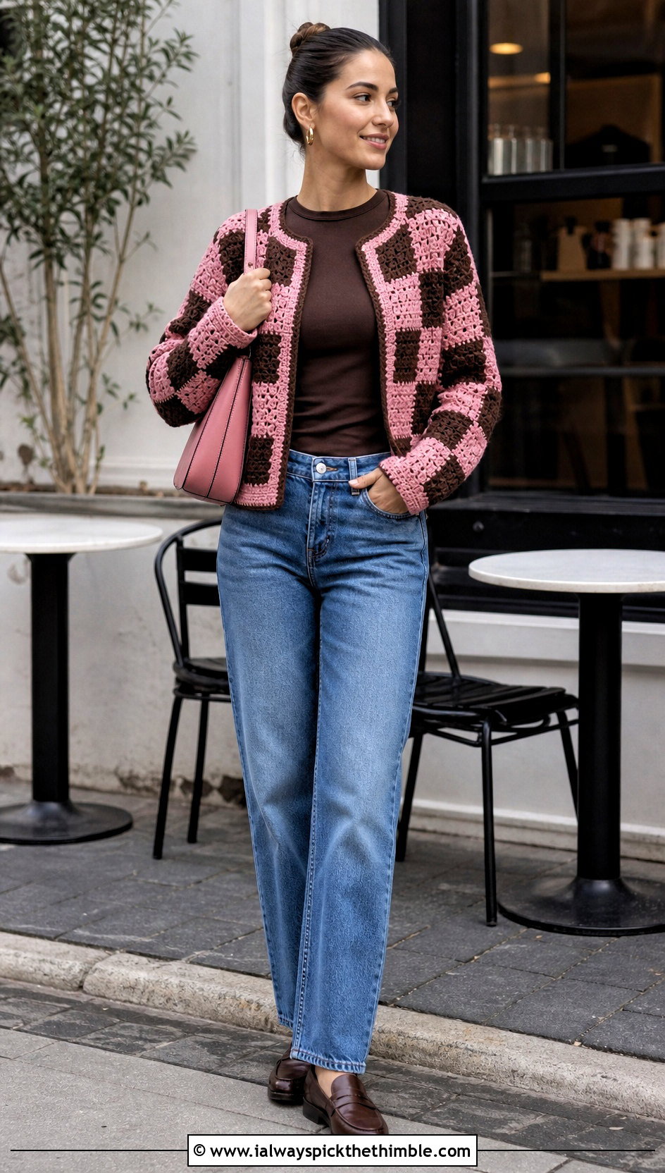 Checkerboard Crochet Cardigan With Straight Leg Jeans - 20 two color crochet cardigan outfit ideas