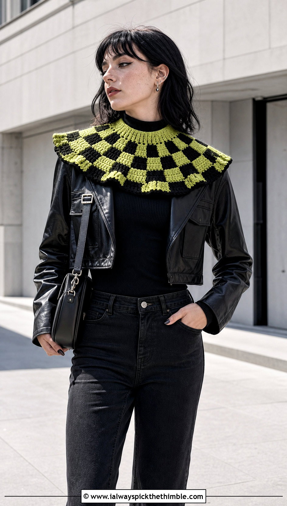 Checkerboard Crochet Clown Collar With Leather Jacket And Black Jeans - 25 crochet clown collar outfit ideas