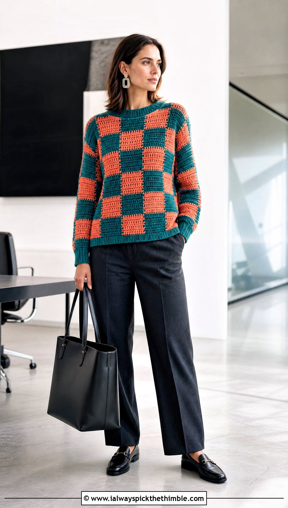 Checkerboard Crochet Colorblock Sweater With Tailored Trousers - 20 crochet colorblock sweater outfit ideas