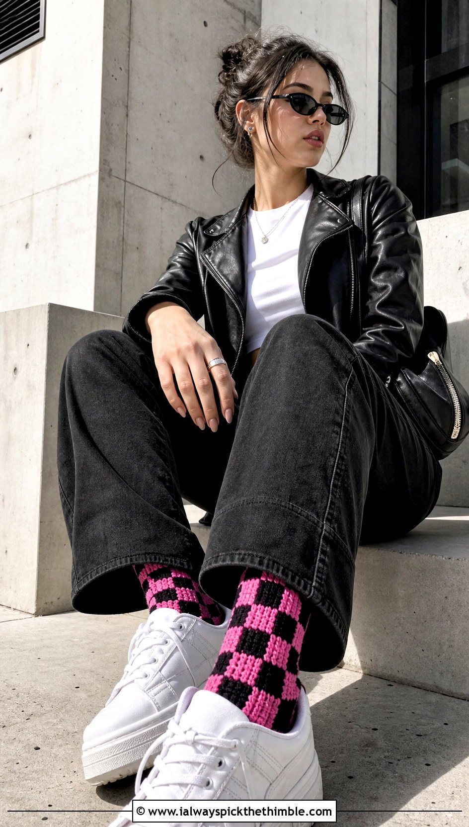 Checkerboard Crochet Crew Socks With A Leather Jacket - 25 crochet socks for beginners outfit ideas