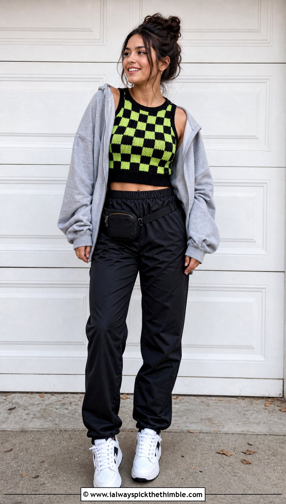 Checkerboard Crochet Crop Top With Track Pants - 20 halloween crochet crop top outfit ideas