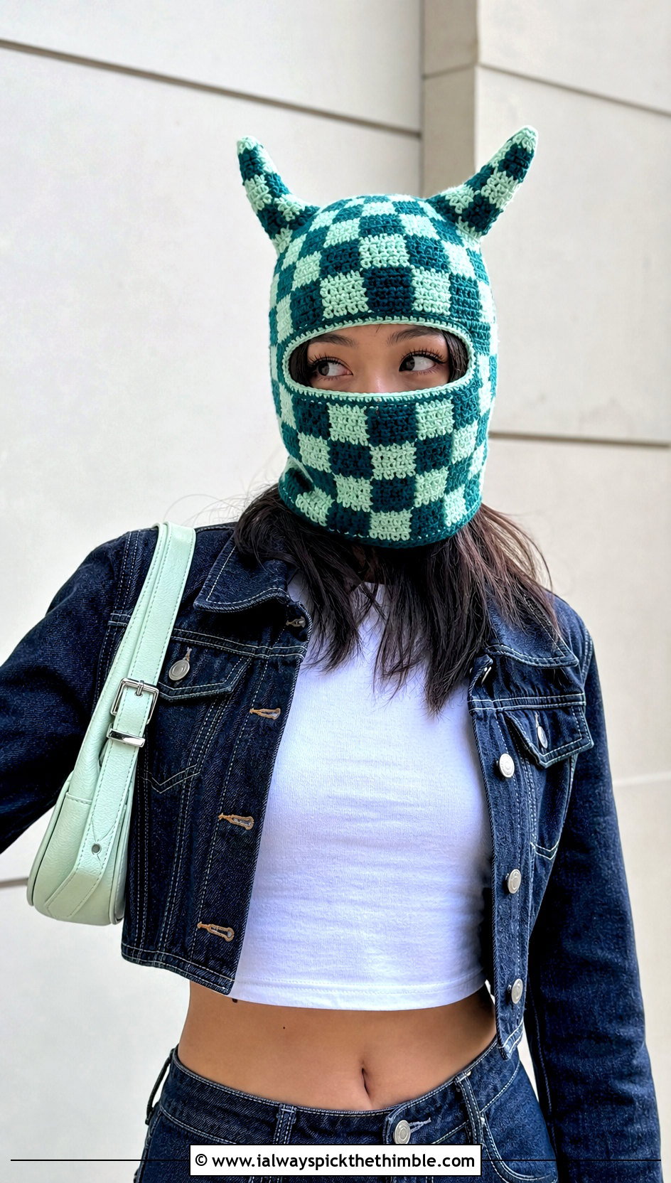 Checkerboard Crochet Devil Horn Balaclava With Denim Set - 20 crochet devil horn balaclava outfit ideas