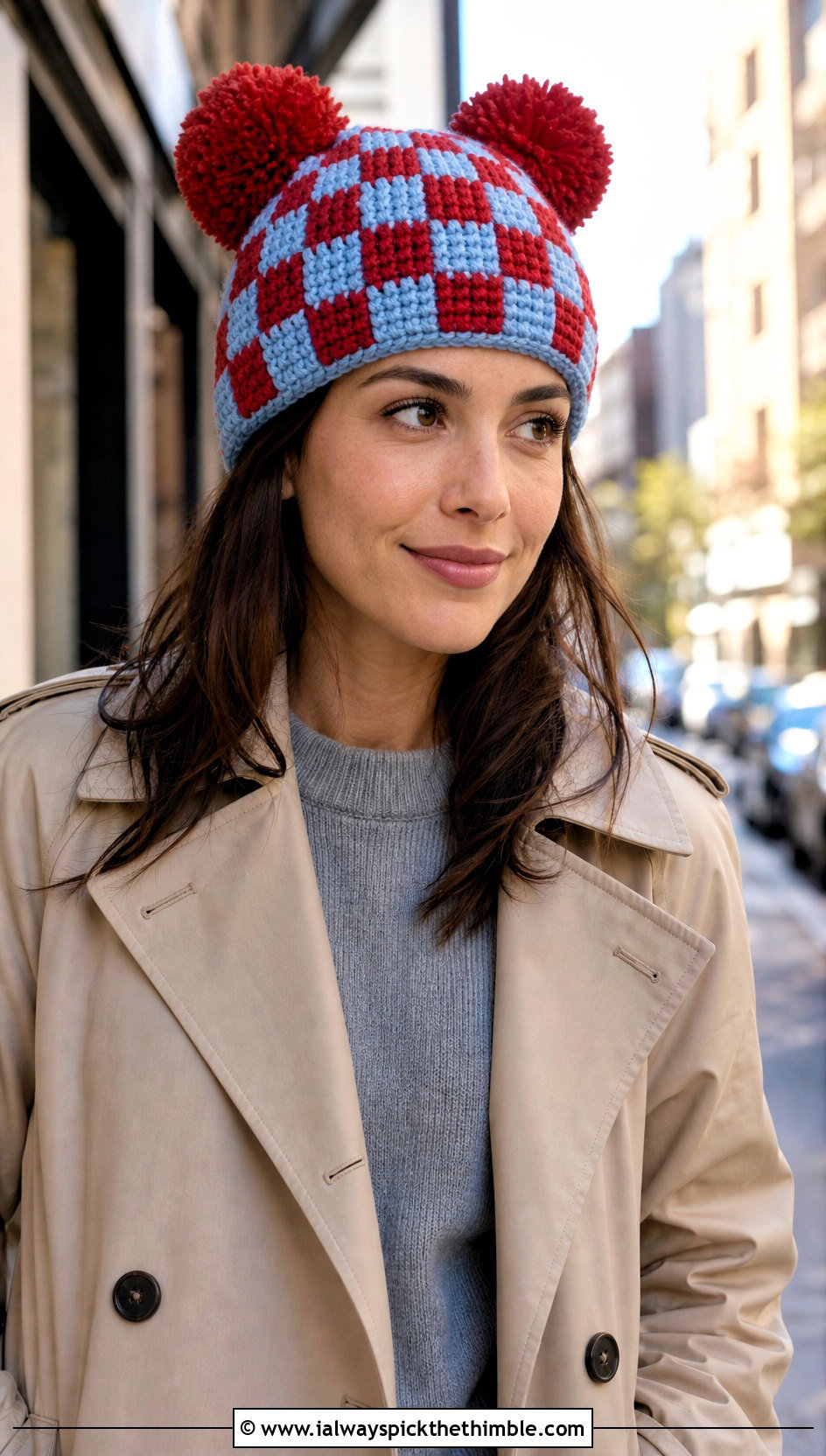 Checkerboard Crochet Double Pom Pom Hat With Trench Coat - 20 Crochet Hat With Two Pom Poms outfit ideas