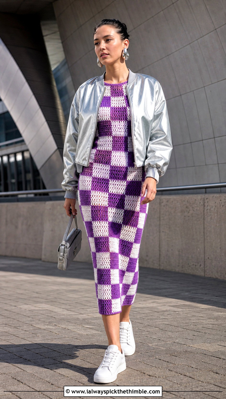 Checkerboard Crochet Dress With Silver Bomber Jacket - 20 Funny Crochet Clothes and outfit ideas