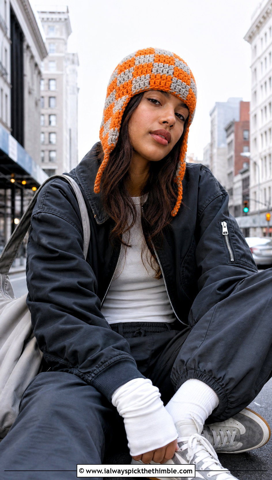 Checkerboard Crochet Ear Flap Beanie With Bomber Jacket - 20 crochet ear flap beanie outfit ideas