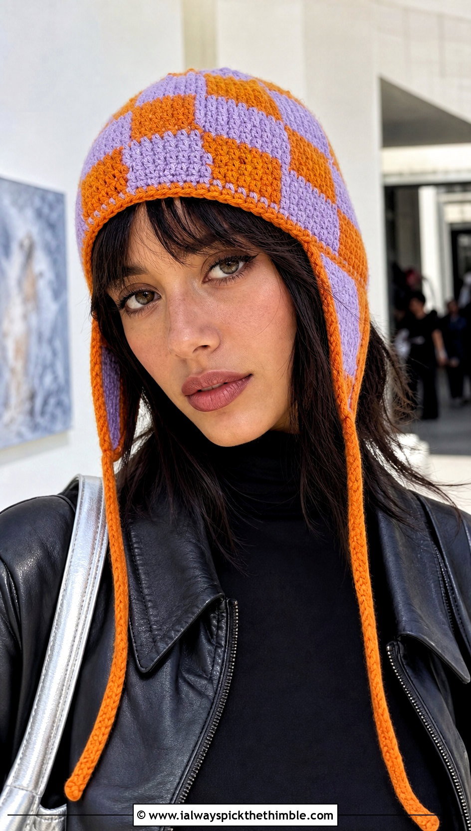 Checkerboard Crochet Earflap Hat With Leather Jacket - 15 Crochet Hat With Earflaps outfit ideas
