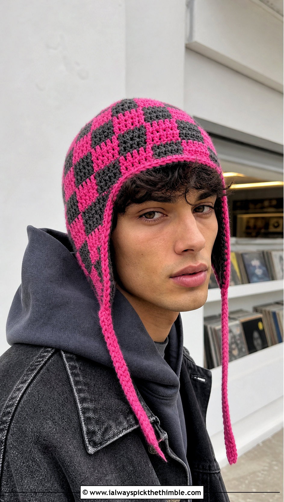 Checkerboard Crochet Earflap Hat With Oversized Hoodie - 20 Mens Crochet Earflap Hat outfit ideas