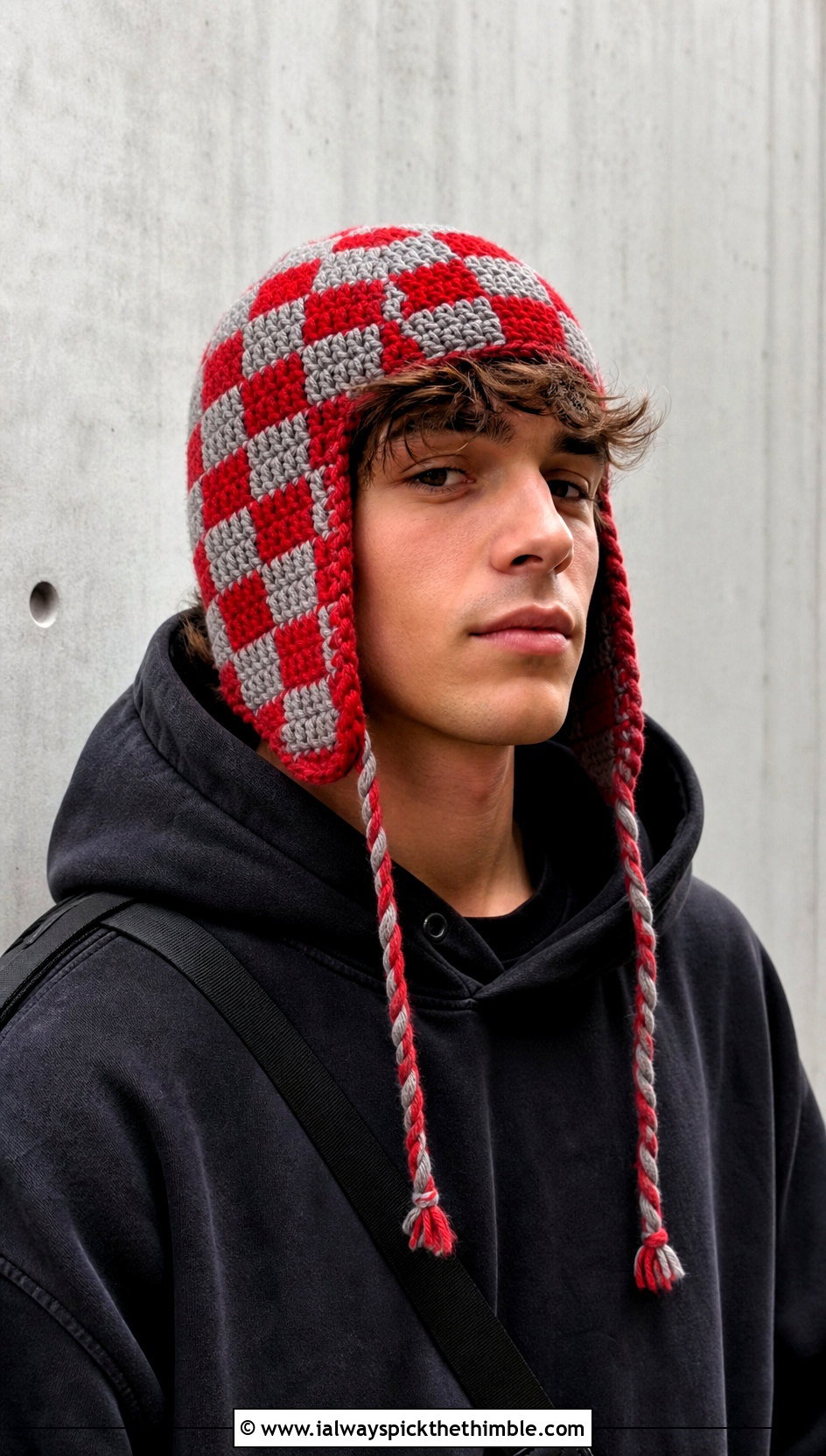 Checkerboard Crochet Earflap Hat With Oversized Hoodie - 15 Mens Crochet Hat With Earflaps outfit ideas