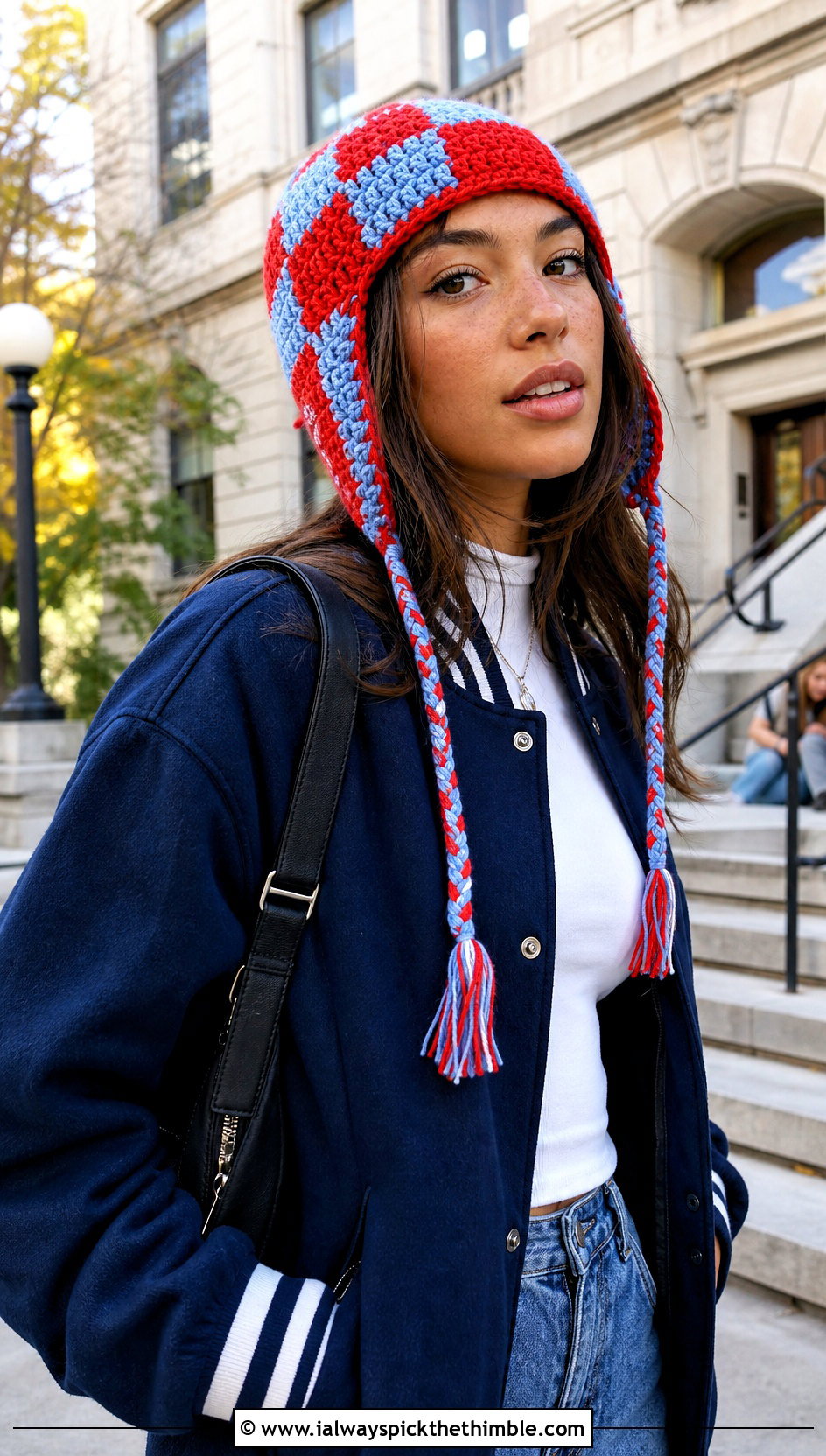 Checkerboard Crochet Earflap Hat With Varsity Jacket - 25 crochet earflap hat outfit ideas