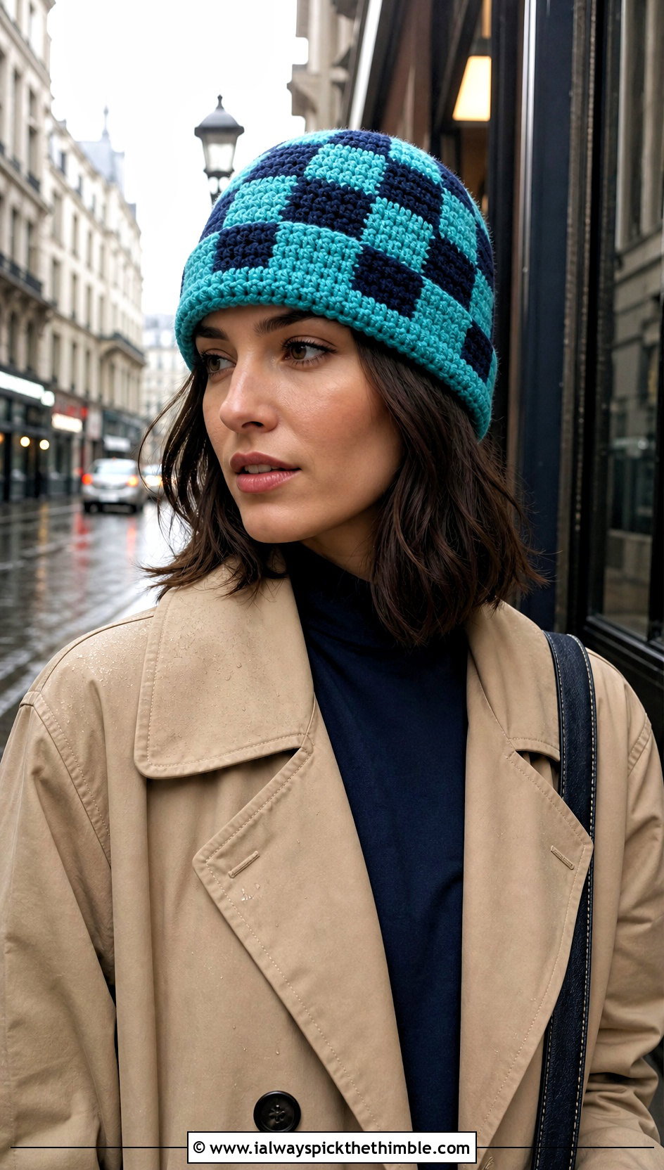 Checkerboard Crochet Fisherman Beanie With Trench Coat - 25 crochet fisherman beanie outfit ideas