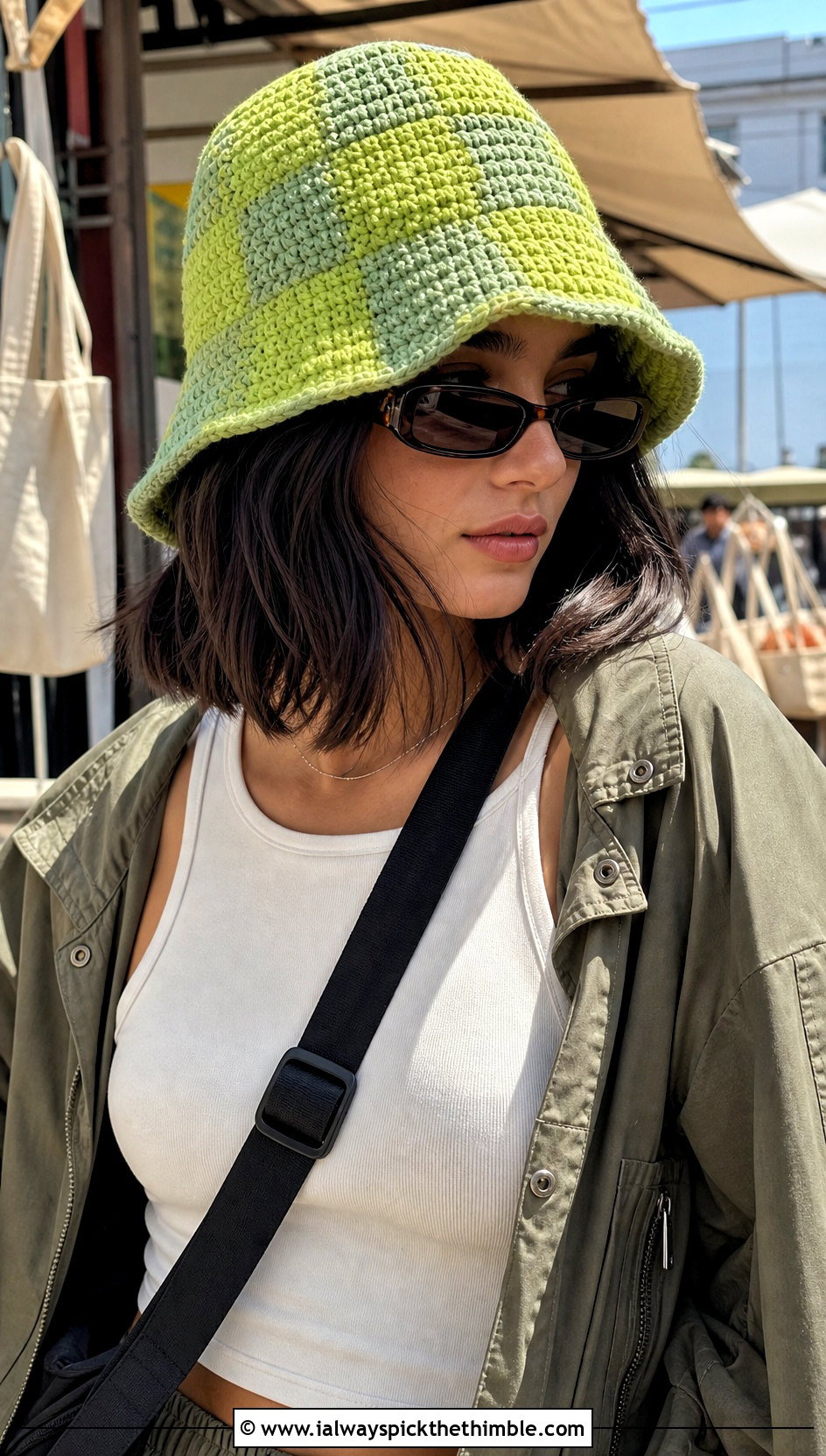 Checkerboard Crochet Fisherman Hat With Cargo Pants - 25 crochet fisherman hat outfit ideas