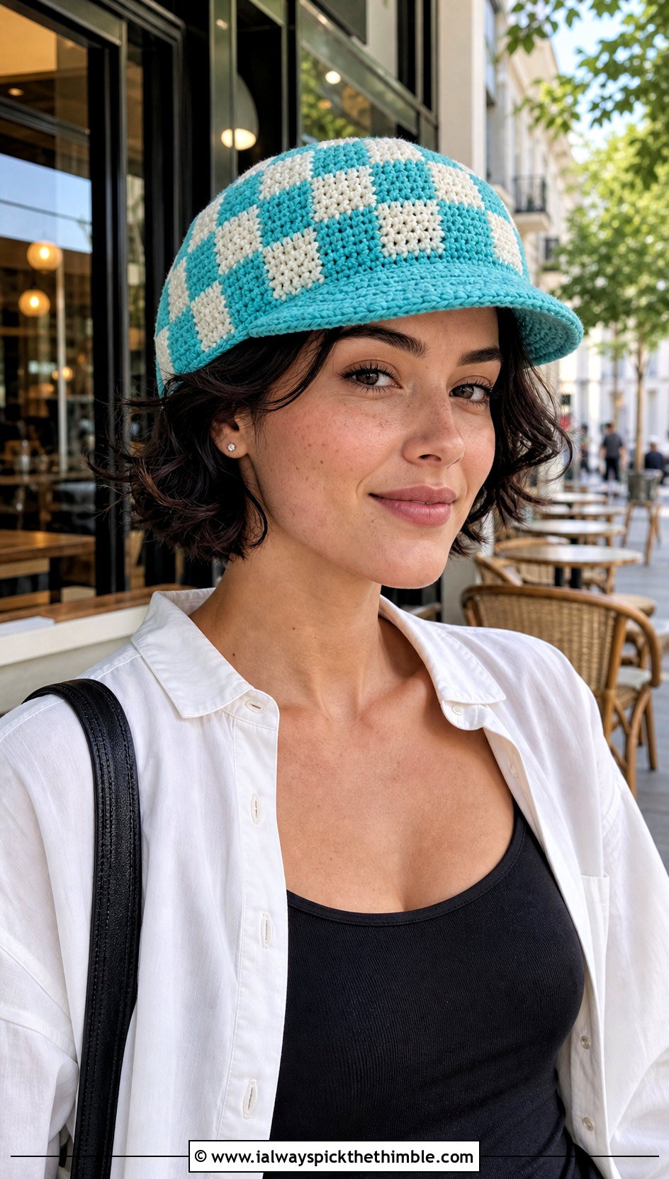Checkerboard Crochet Flat Cap With Oversized Shirt - 20 crochet flat cap outfit ideas