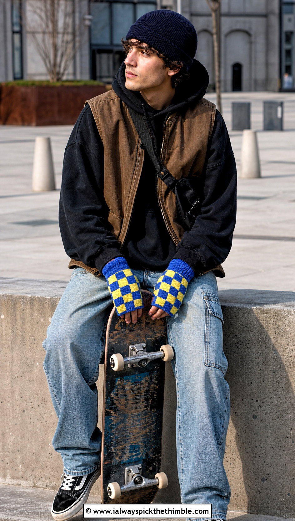 Checkerboard Crochet Gloves With Skate Outfit - 25 men crochet gloves outfit ideas