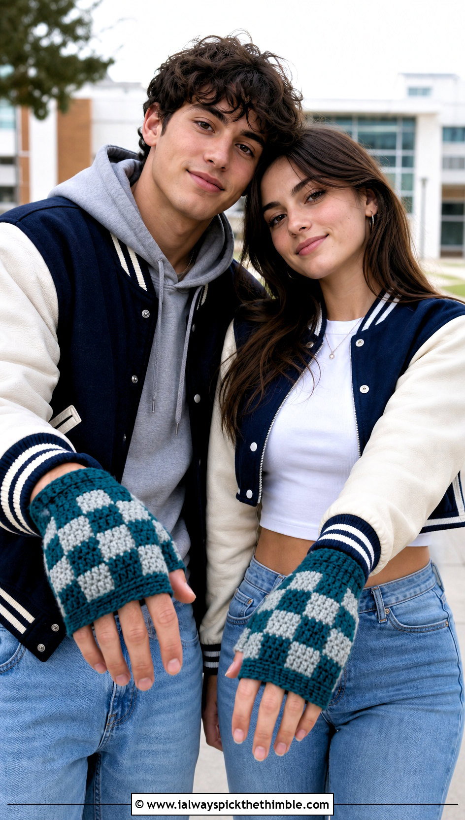 Checkerboard Crochet Gloves With Varsity Jackets - 20 Crochet Gloves For Couples outfit ideas