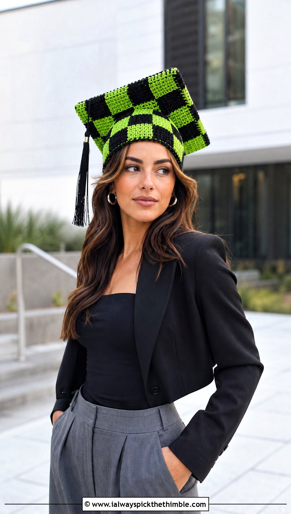 Checkerboard Crochet Graduation Cap With Wide Leg Trousers - 25 crochet graduation cap outfit ideas