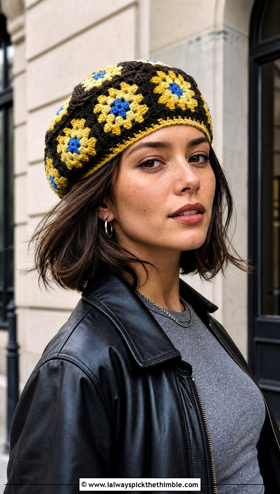 Checkerboard Crochet Granny Square Beret With Leather Jacket - 20 Crochet Granny Square Beret outfit ideas