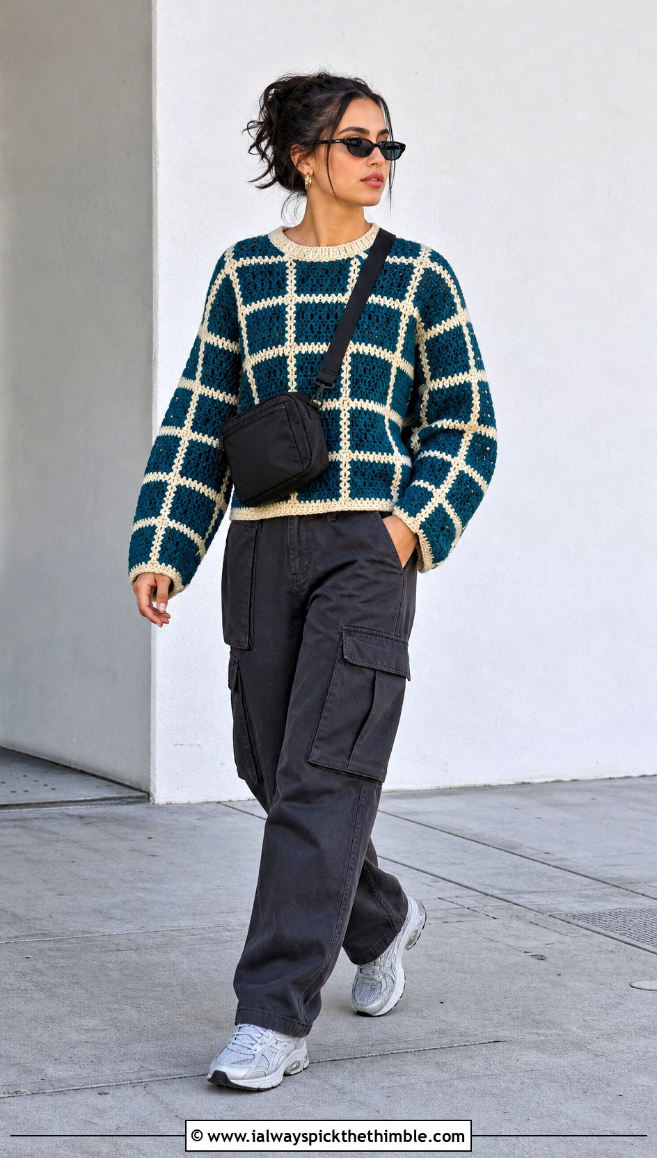 Checkerboard Crochet Graph Sweater With Cargo Pants - 20 crochet graph sweater outfit ideas