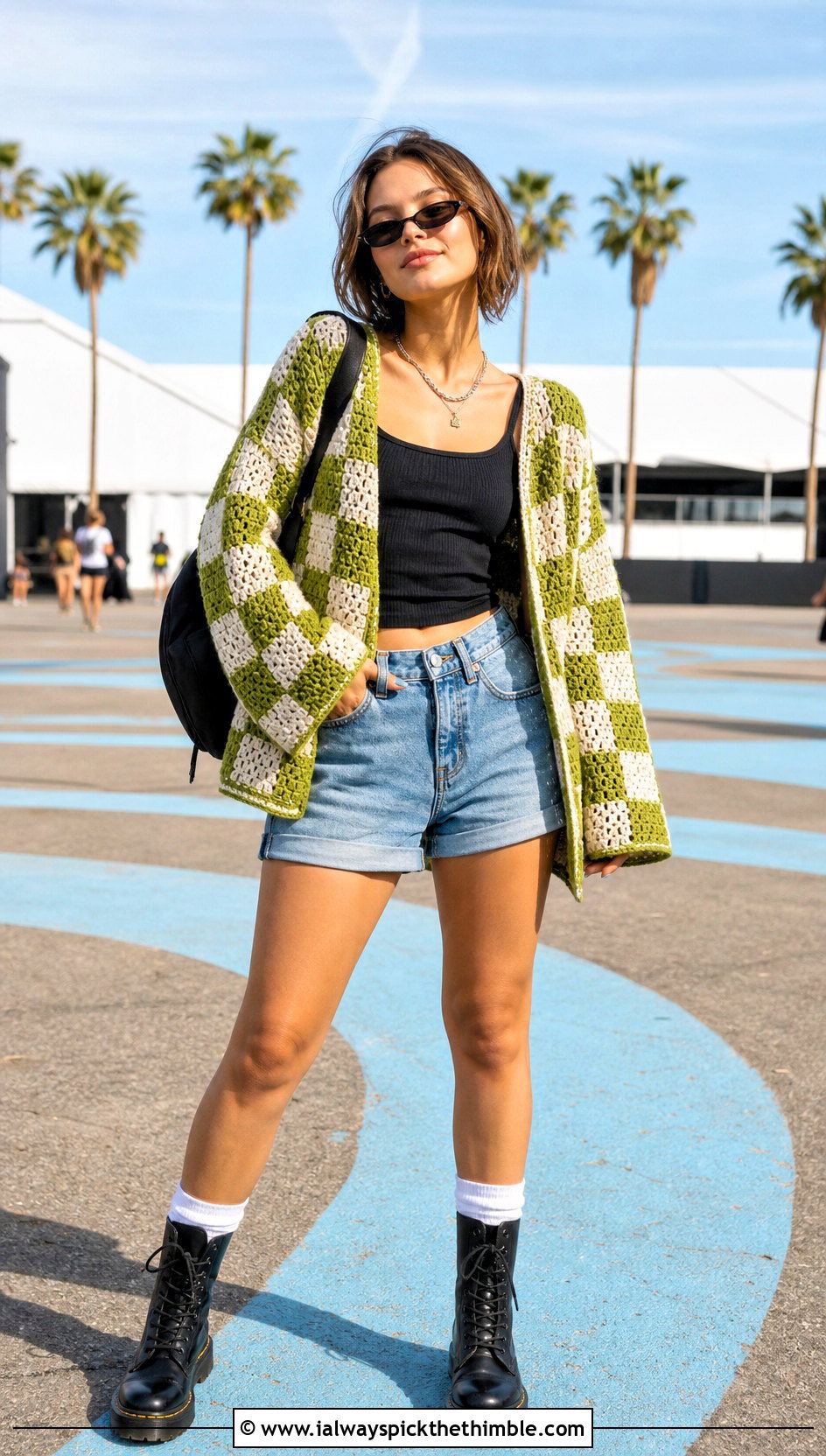 Checkerboard Crochet Grunge Sweater With Denim Shorts - 20 crochet grunge sweater outfit ideas