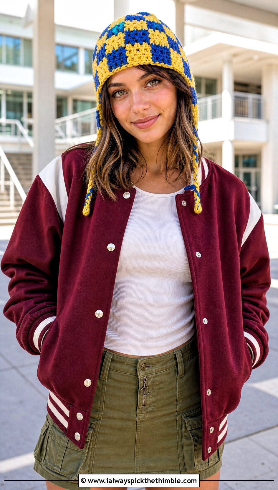 Checkerboard Crochet Hood Hat With Varsity Jacket - 20 crochet hood hat outfit ideas