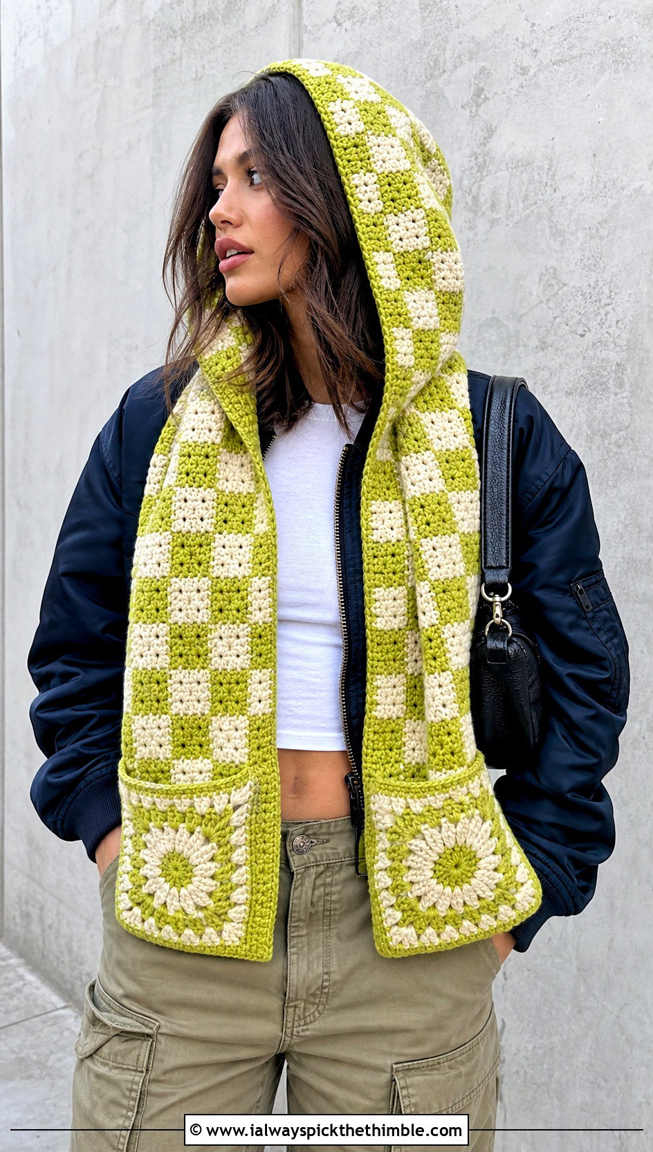 Checkerboard Crochet Hooded Pocket Scarf With Cargo Pants - 20 crochet hooded pocket scarf outfit ideas