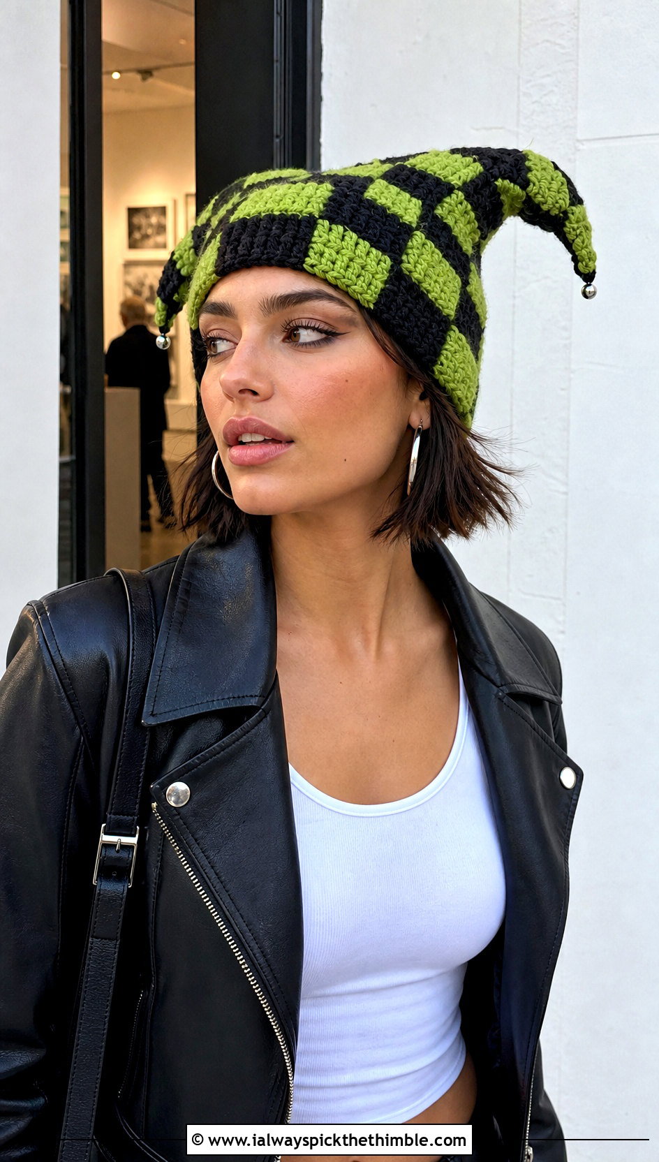 Checkerboard Crochet Jester Hat With Leather Jacket - 25 crochet jester hat outfit ideas