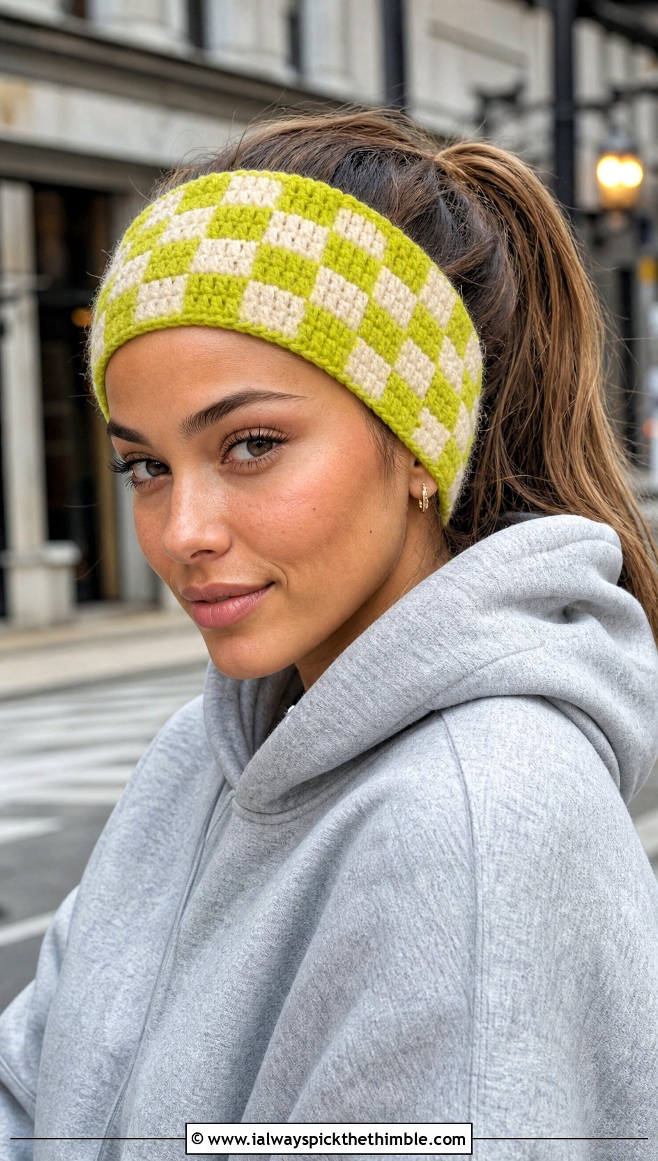 Checkerboard Crochet Makeup Headband With Hoodie And Biker Shorts - 20 Crochet Makeup Headband outfit ideas