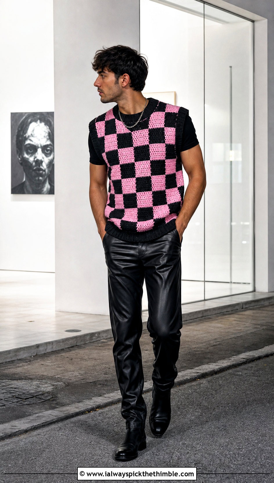Checkerboard Crochet Mens Sweater Vest With Black T Shirt And Leather Pants - 20 crochet mens sweater vest outfit ideas