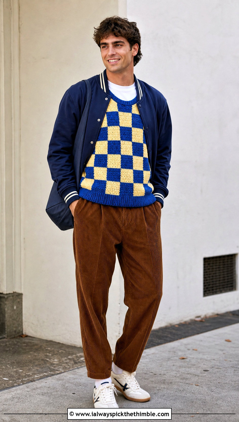 Checkerboard Crochet Mens Sweater Vest With Varsity Jacket - 20 Mens Crochet Sweater Vest outfit ideas