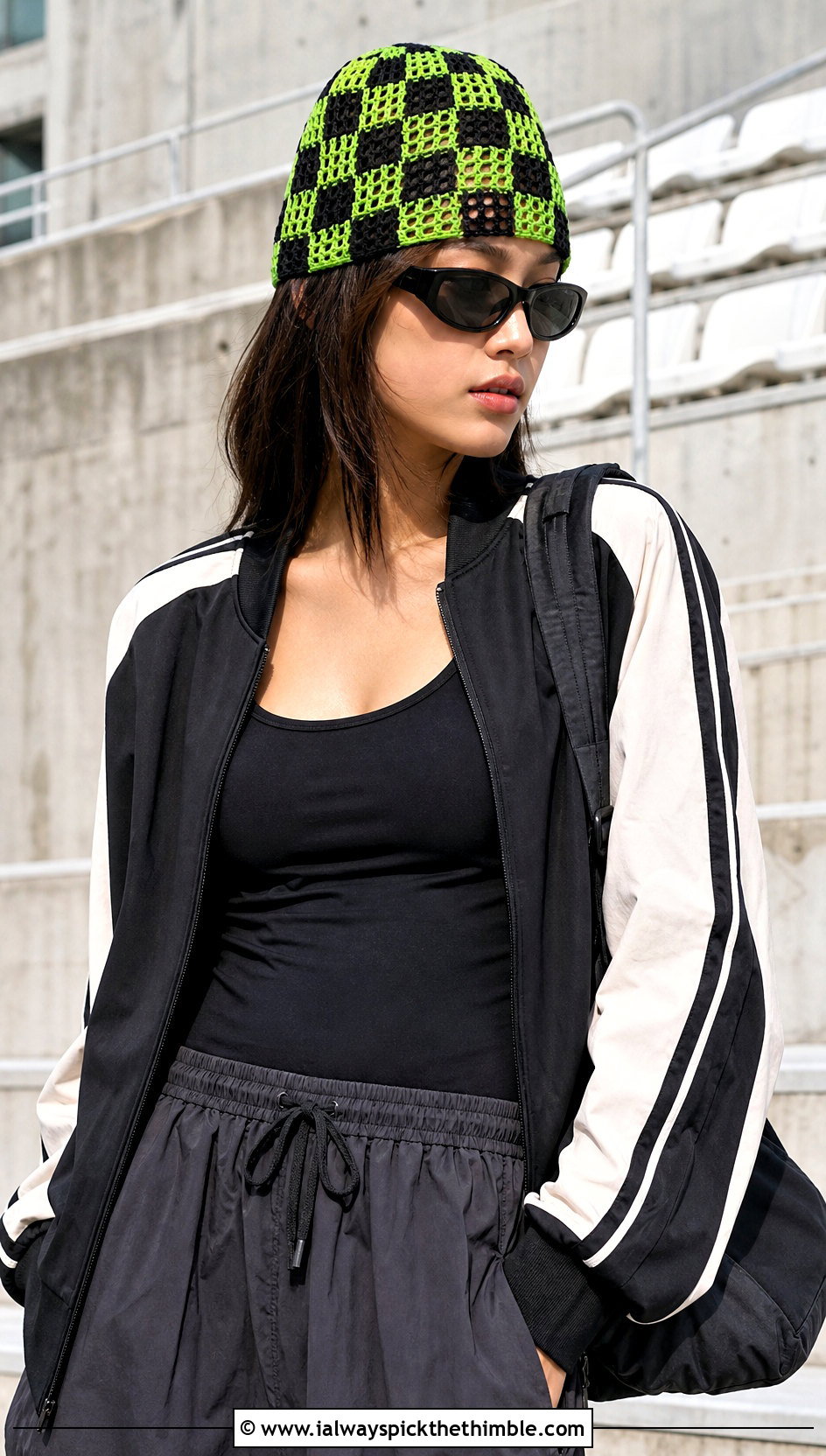 Checkerboard Crochet Mesh Beanie With Track Jacket - 20 crochet mesh beanie outfit ideas