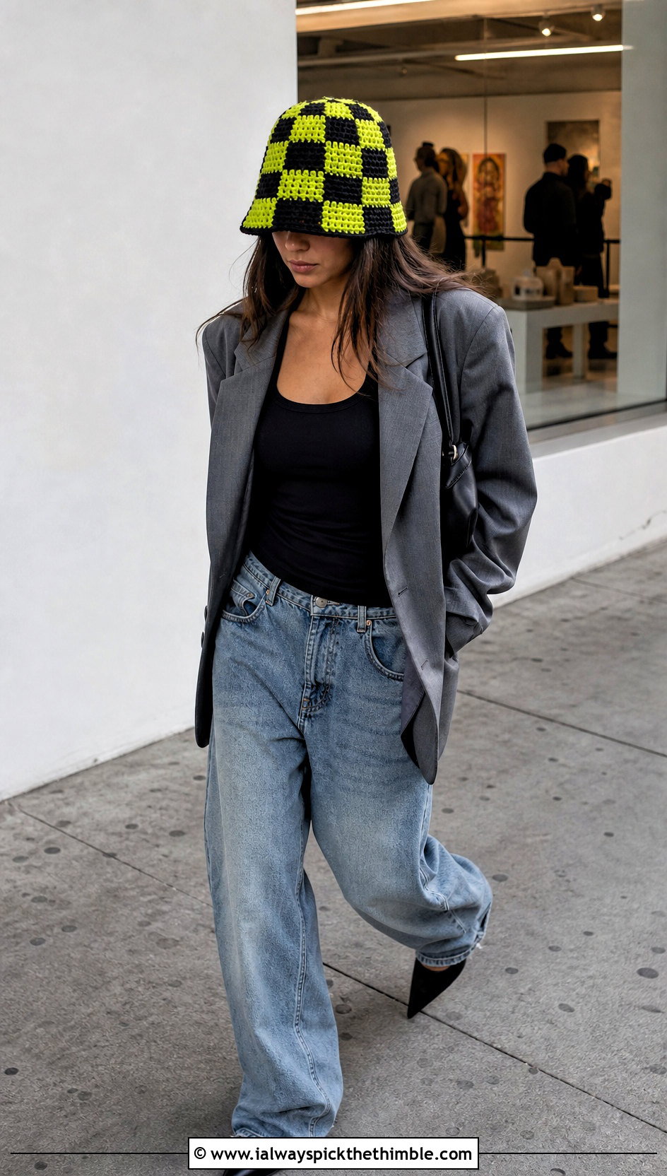 Checkerboard Crochet Mesh Cap With Blazer And Baggy Jeans - 20 Crochet Mesh Cap outfit ideas