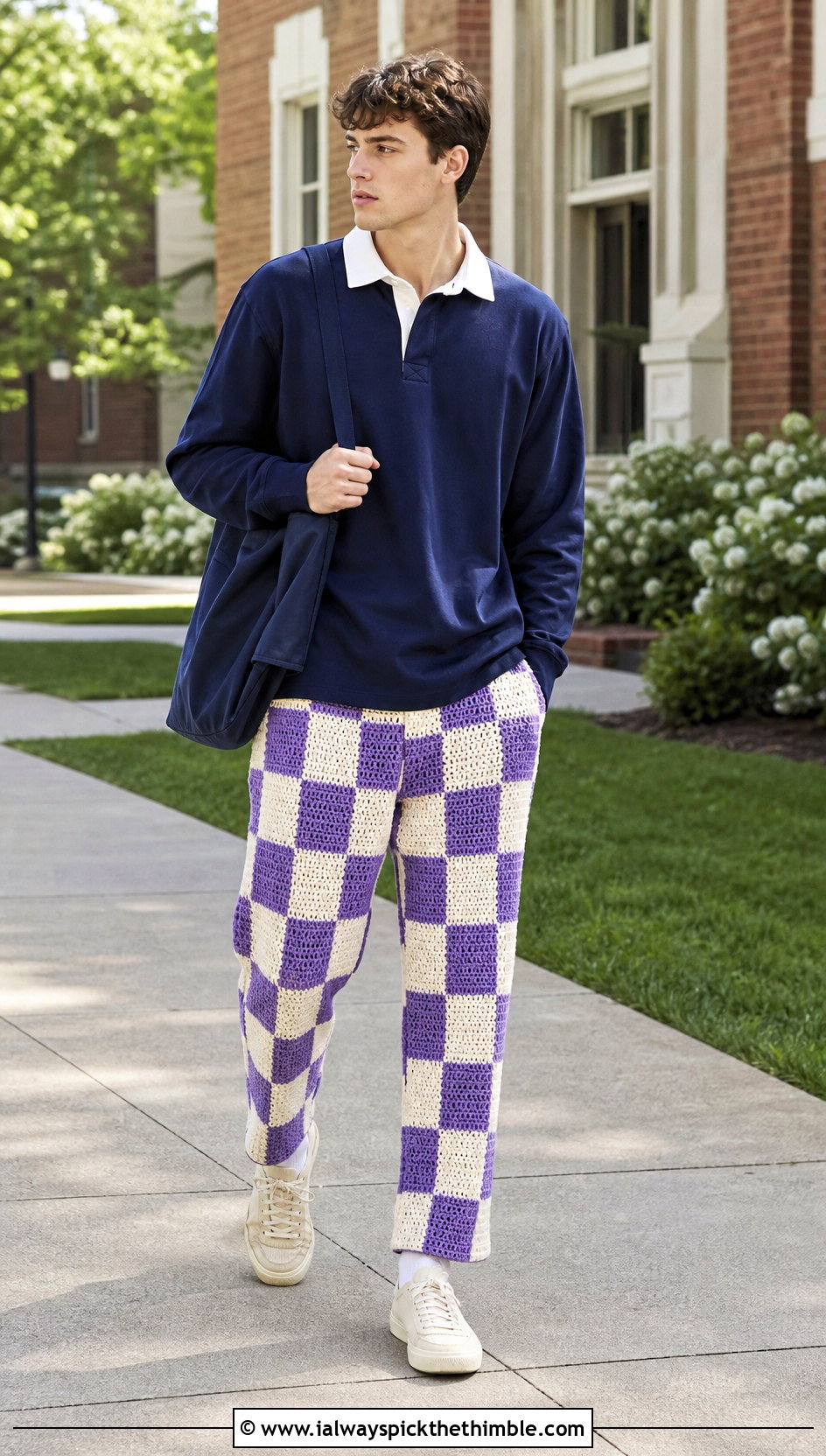 Checkerboard Crochet Pants With Rugby Shirt - 25 crochet pants men outfit ideas