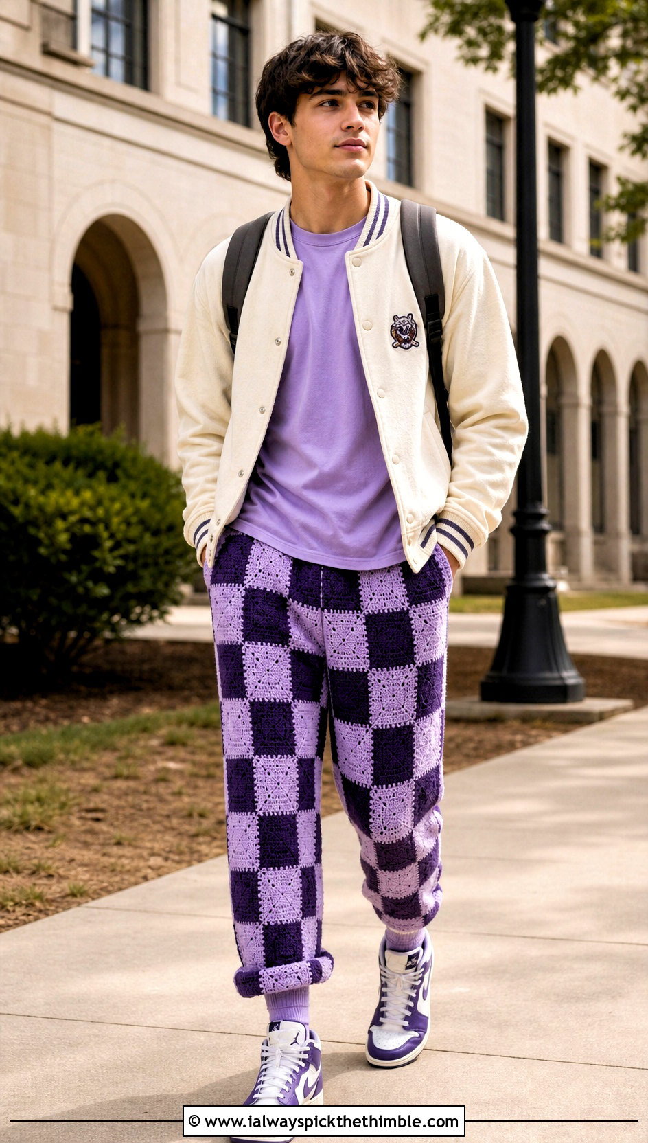 Checkerboard Crochet Pants With Varsity Jacket - 15 crochet men pants outfit ideas