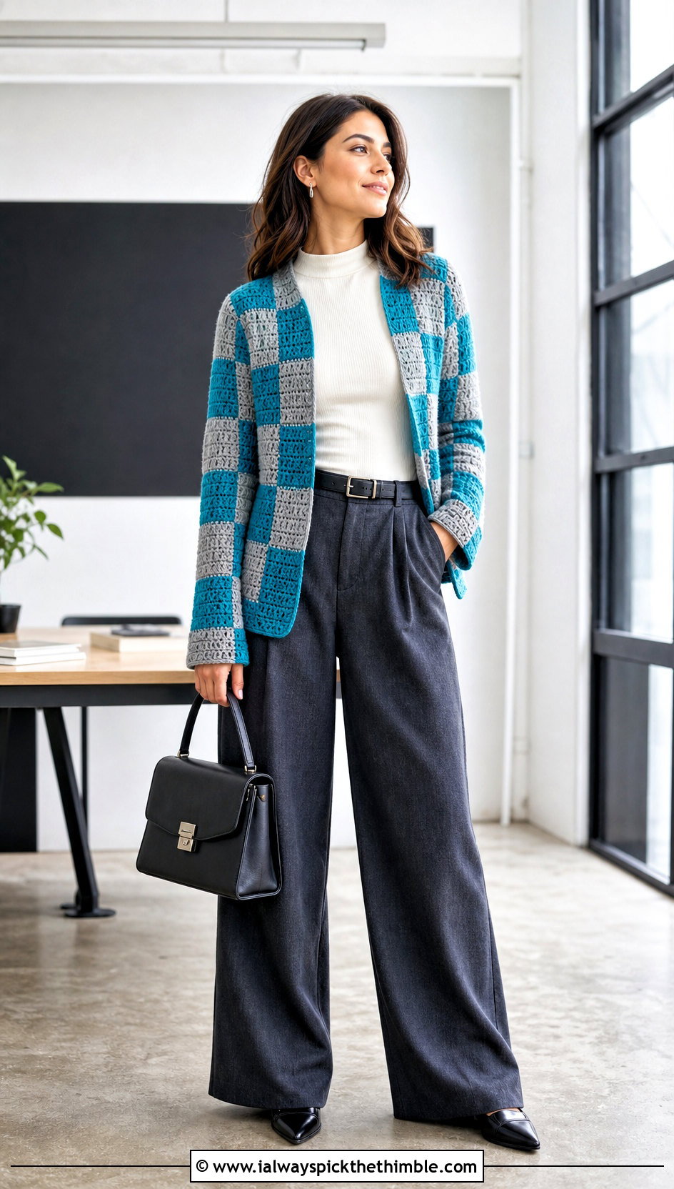 Checkerboard Crochet Patched Cardigan With Wide Leg Trousers - 20 Crochet Patched Cardigan outfit ideas