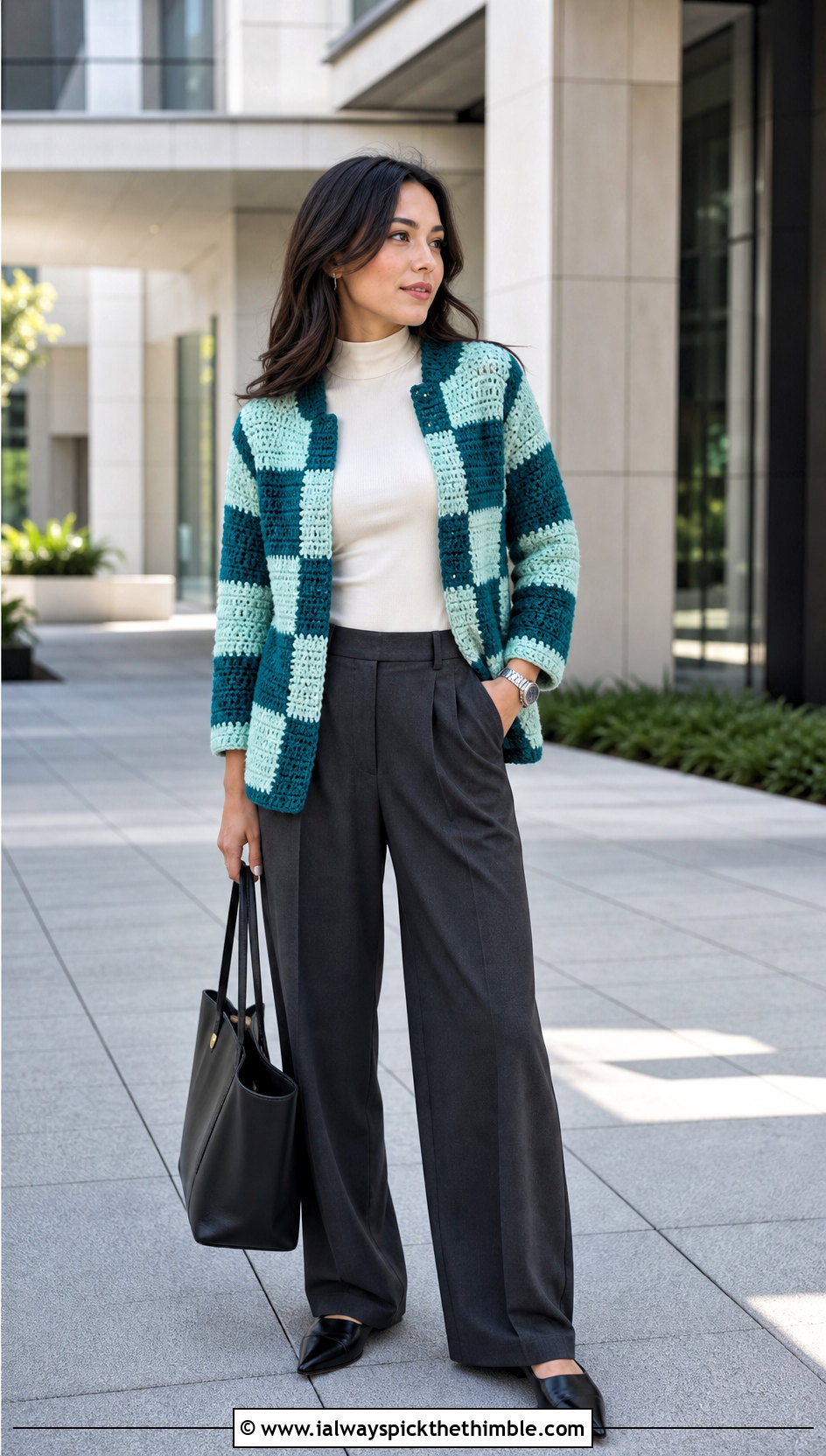 Checkerboard Crochet Patchwork Cardigan With Wide Leg Trousers - 25 crochet patchwork cardigan outfit ideas