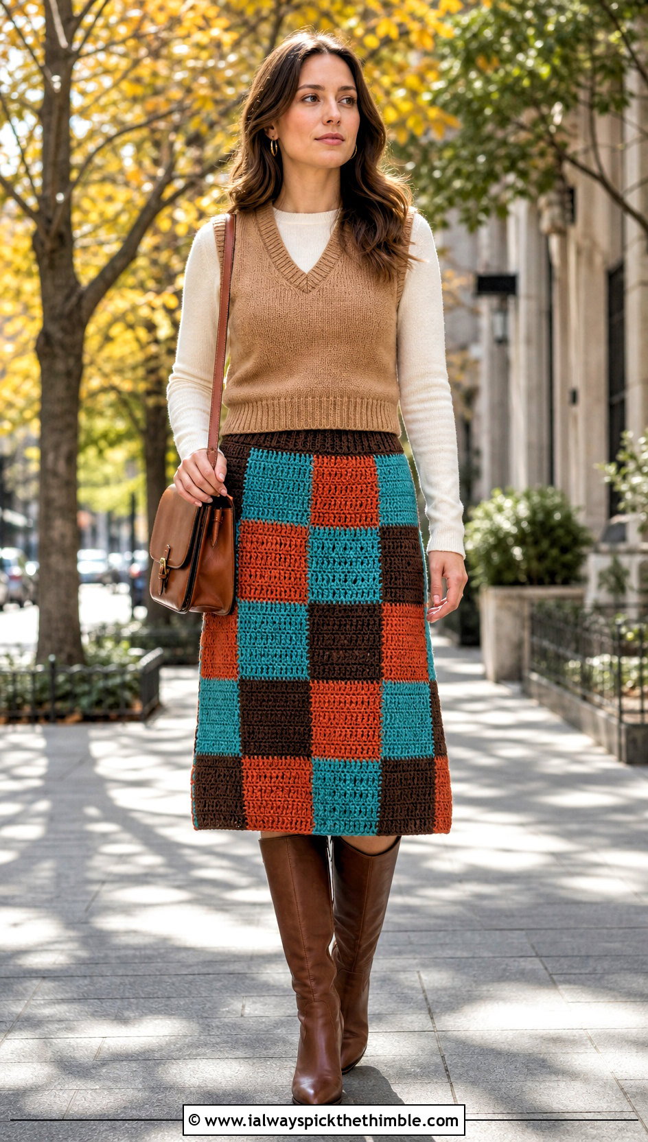 Checkerboard Crochet Patchwork Midi Skirt With Sweater Vest - 20 crochet patchwork skirt outfit ideas