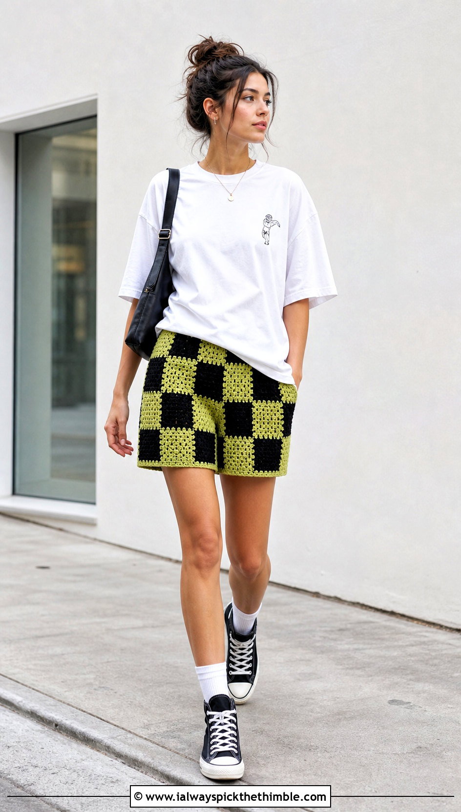 Checkerboard Crochet Patchwork Shorts With Graphic Tee And High Tops - 20 crochet patchwork shorts outfit ideas