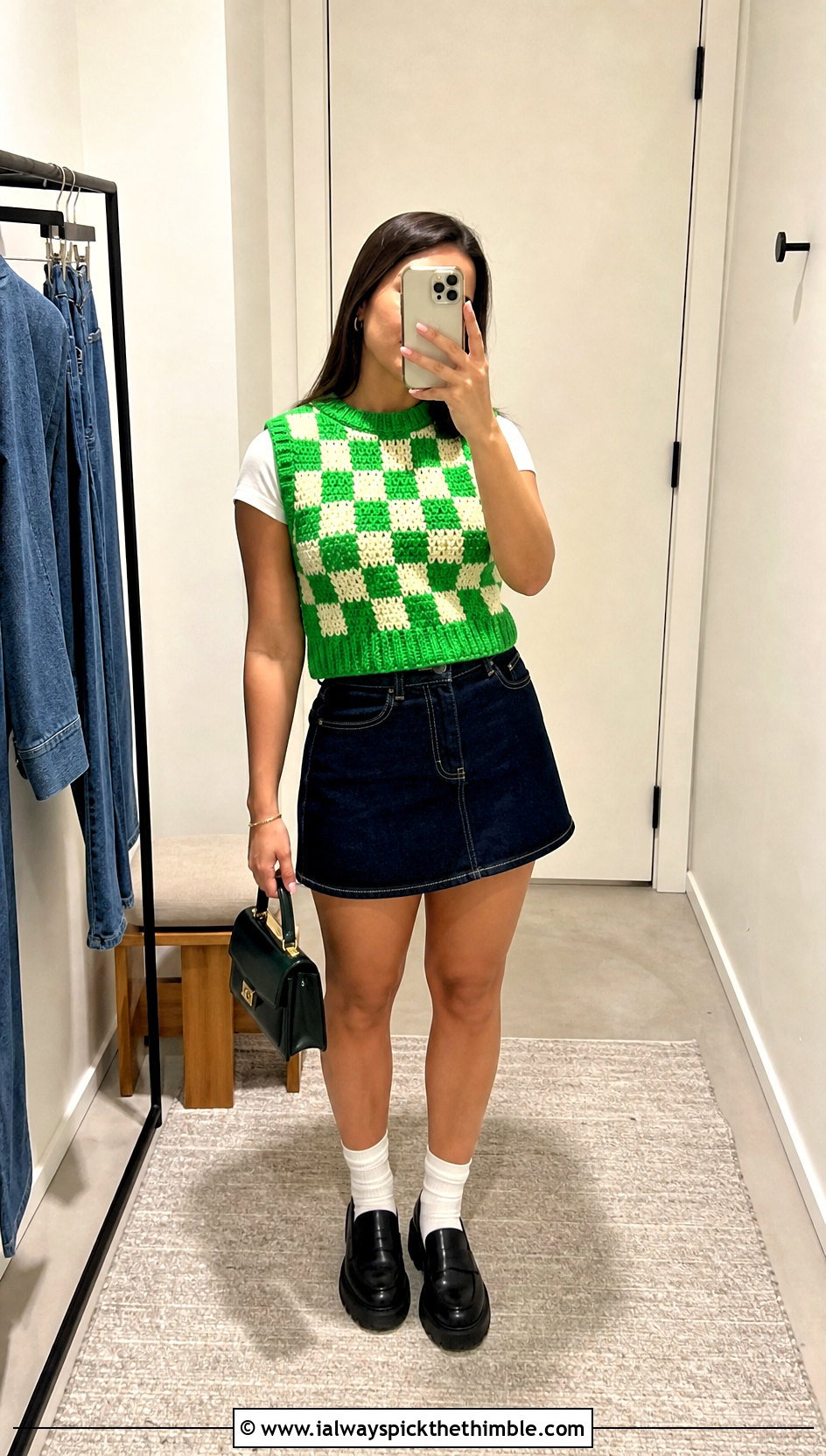 Checkerboard Crochet Pullover Vest With Denim Mini Skirt - 15 crochet pullover vest outfit ideas