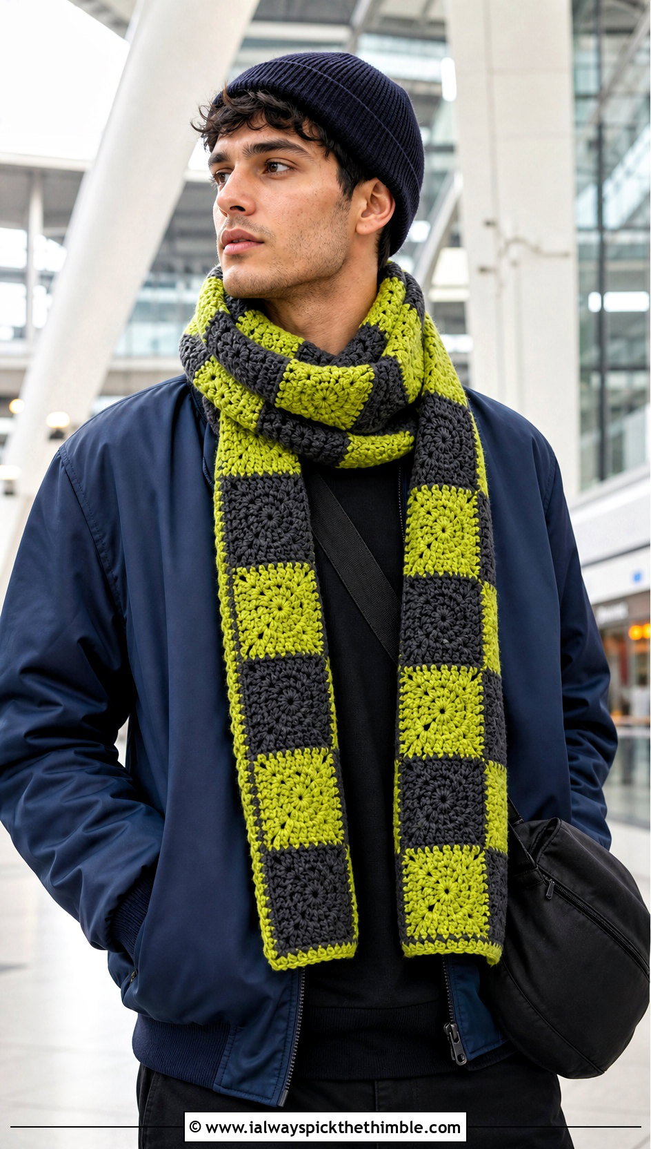 Checkerboard Crochet Scarf With Bomber Jacket - 20 Mens Winter Crochet Scarf outfit ideas